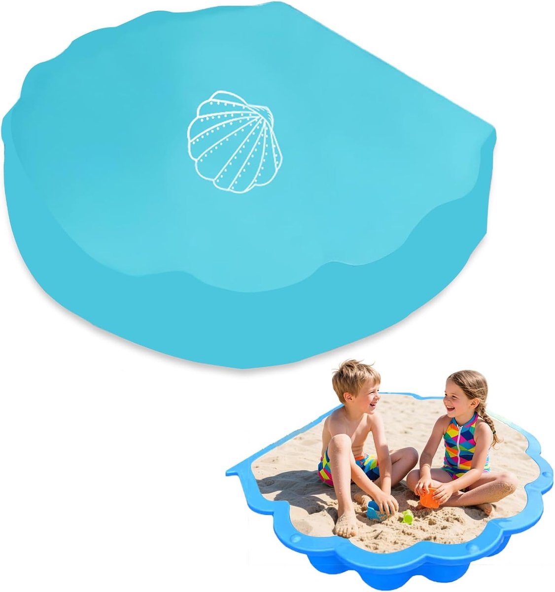 zandbakzeil, 100 x 15 cm, beschermhoes, rond, blauw, waterdicht, voor zandbak, kinderen, buiten, zwembad, schelp | Zandbakzeil, waterdicht, voor zandbak, kinderen, outdoor, zwembad, schelp