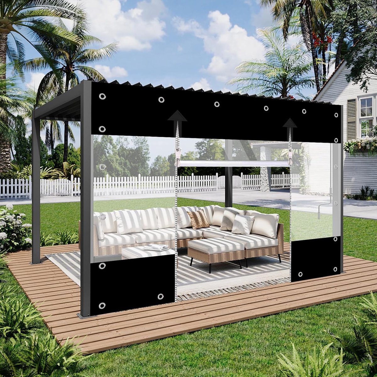 pvc-zeil, 650 g/m², buitengordijn met ritssluiting, waterdicht, wind- en regenbescherming, voor paviljoen, balkons, terrassen (zwart, hoogte 2,4 m x breedte