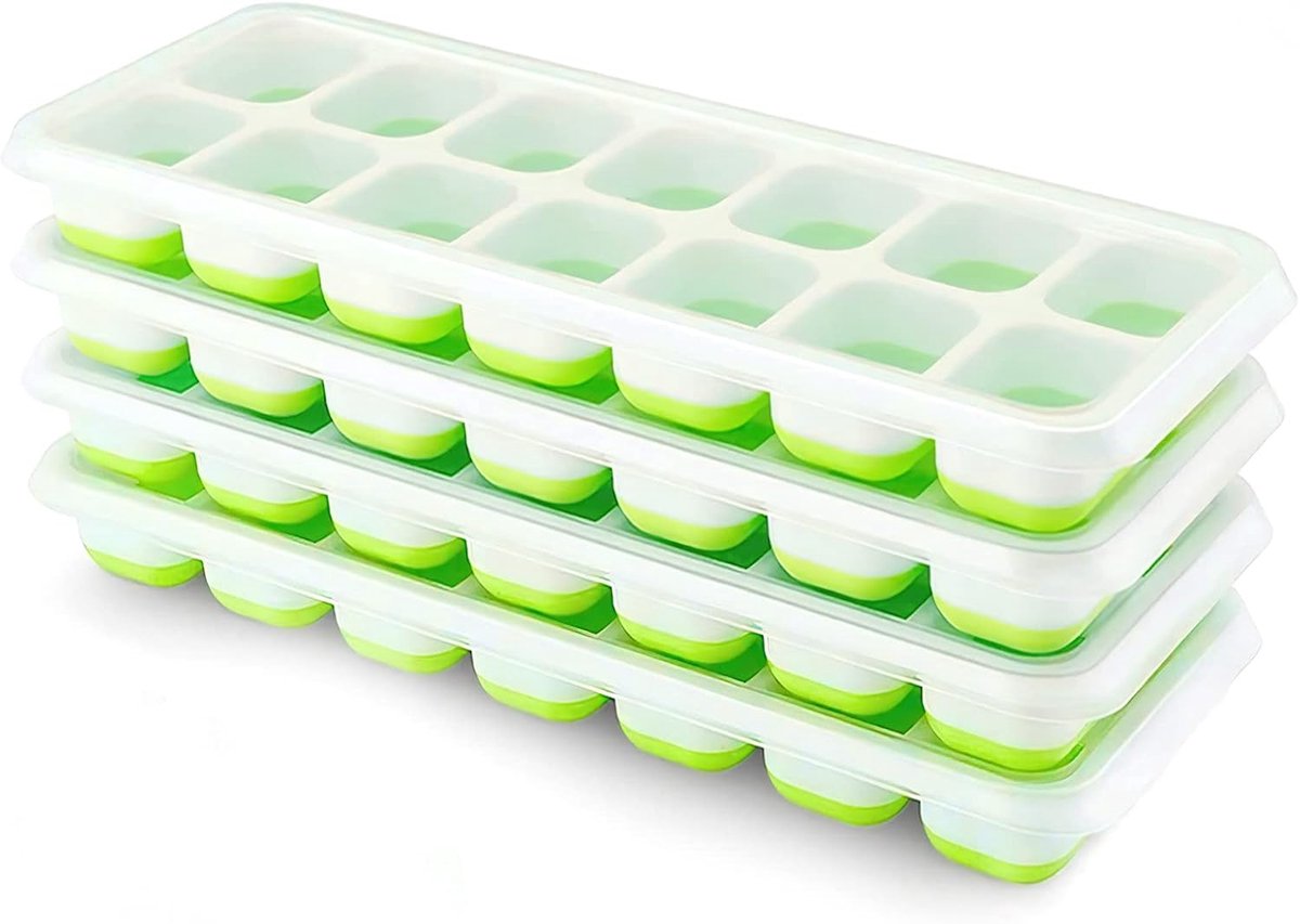 4 Stuks IJsblokjesvorm Silicone met Deksel Groen | Ruimtebesparend en Stapelbaar, LFGB Certificeerd en BPA-vrij, Eenvoudig te Verwijderen