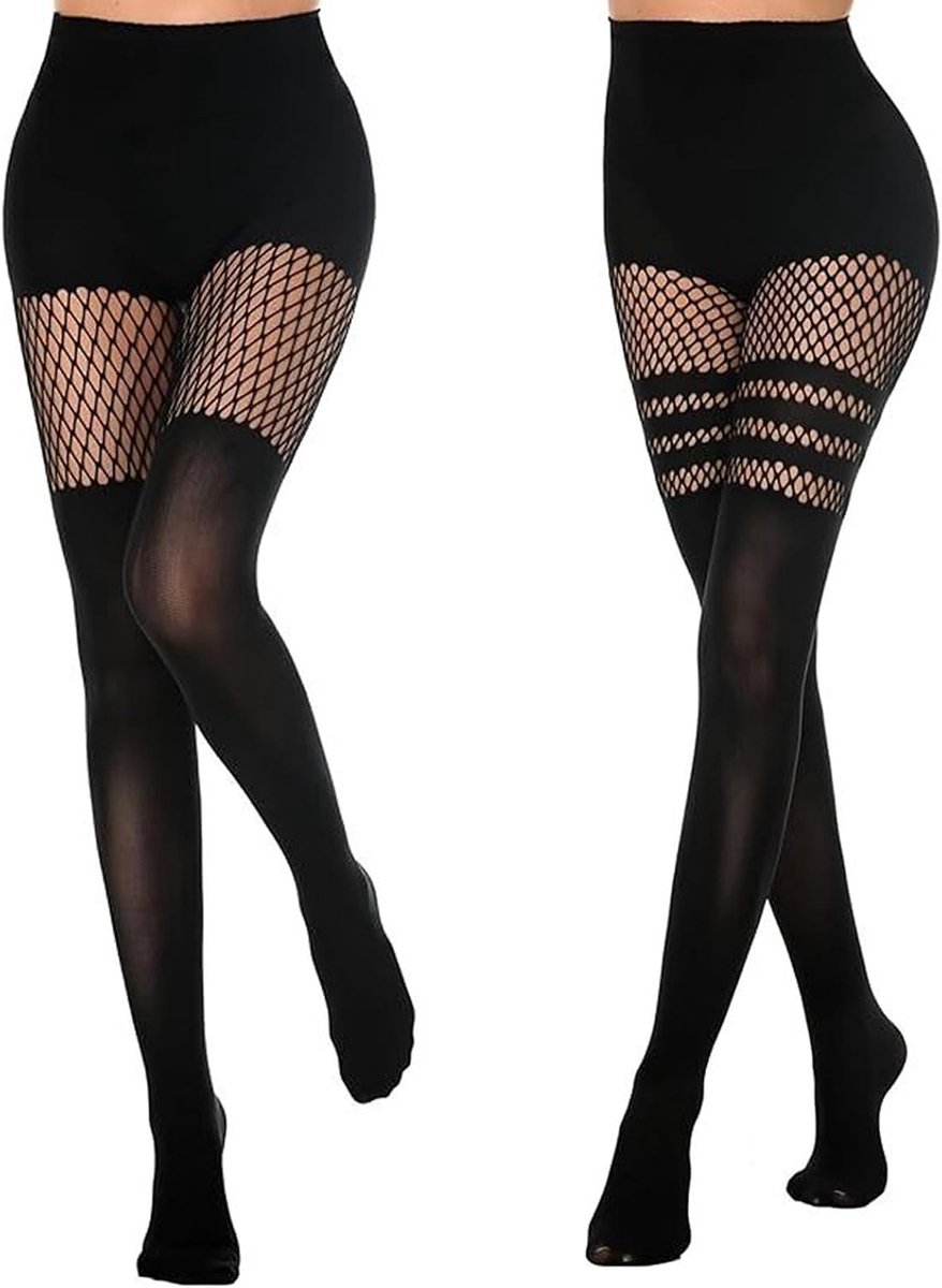2 paar jarretel ondoorzichtige visnetkousen, zwarte panty's, jarretelkousen, goth mock panty's, mesh visnetten, dij hoge mesh visnetnetten voor vrouwen., Zwart, One size