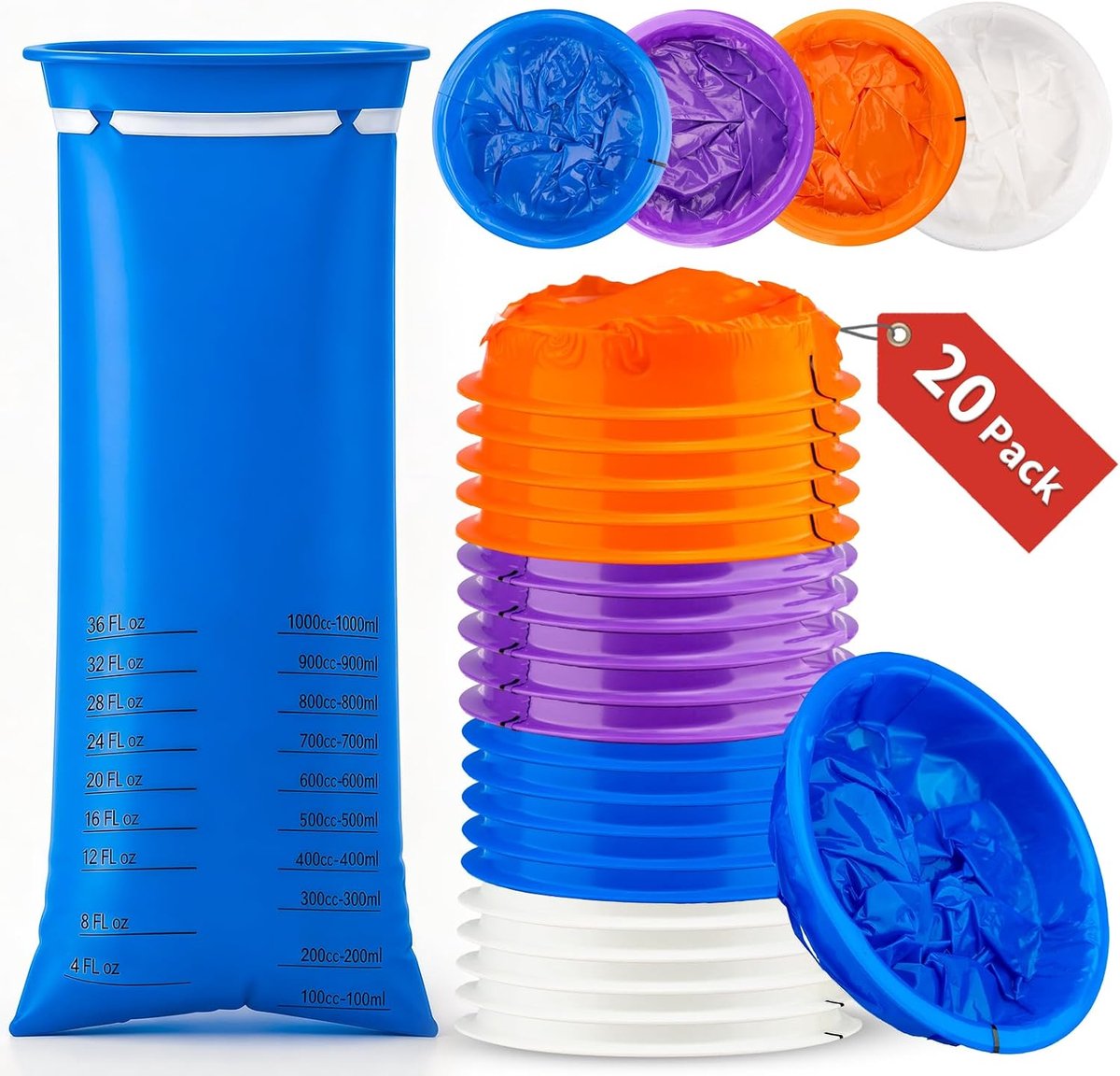 Wegwerpzakjes voor ziekte, verpakking van 20, 1000 ml, hoge dichtheid emesis-braakselzakken voor reizen, lekvrij en geurbestrijding - braakziektekommen voor auto, bus, vliegtuigziekte, zwangere