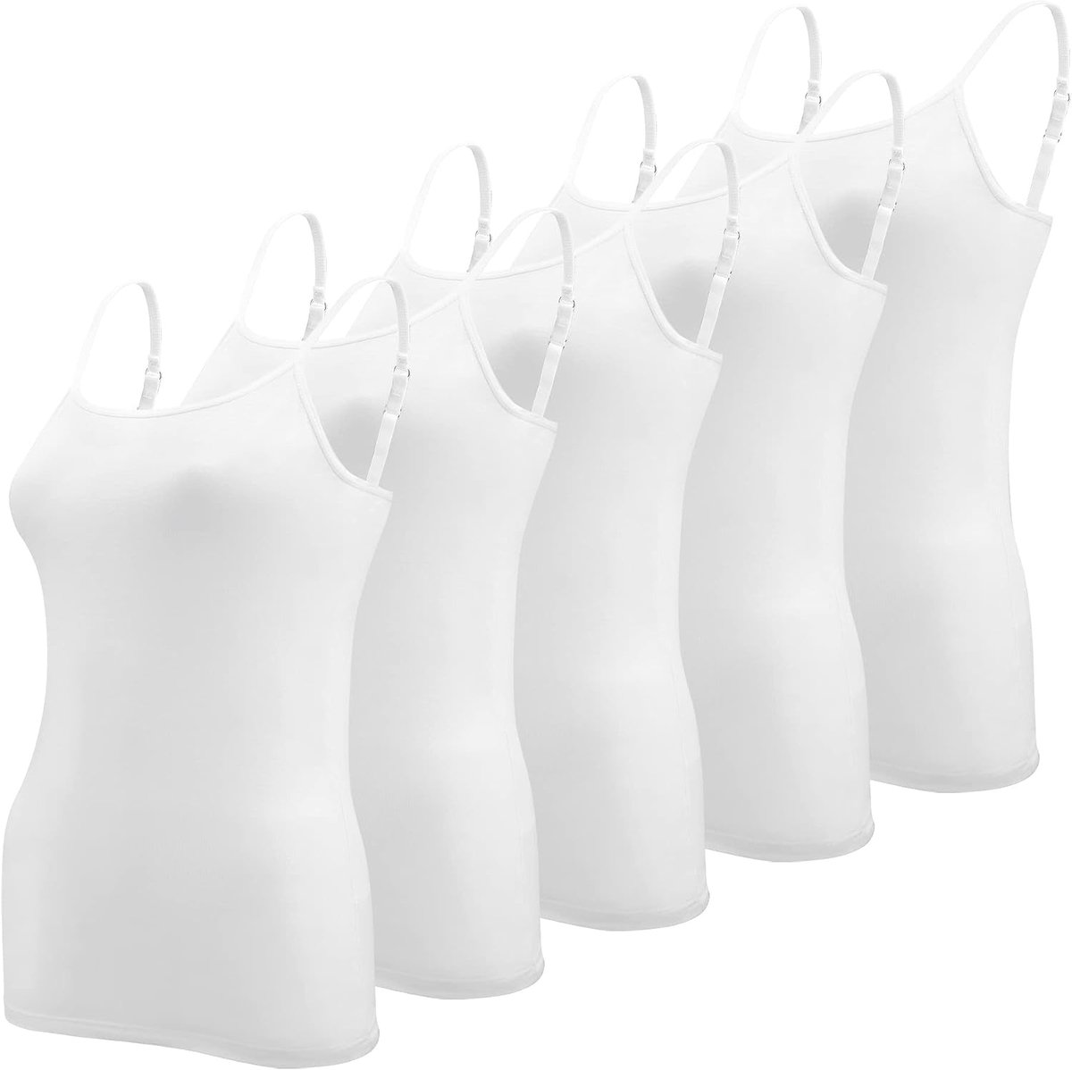 5-delig onderhemd voor dames, spaghetti top met verstelbare spaghettibandjes, basic cami tanktops voor vrouwen, wit, XXL