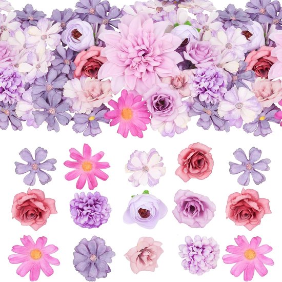 Foto: 50 stuks kunstbloemkoppen handgemaakte kunstbloemendecoratie mini zijden bloemen combinatie voor doe het zelf bruiloft feest haaraccessoires scrapbooking woondecoratie paars 