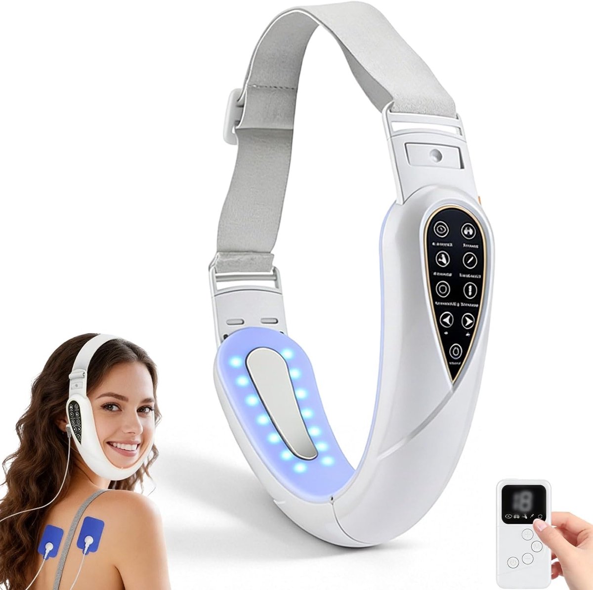 V-Face Shaping Massager, Lifting & Anti-Rimpel Dubbele kin Remover met 15 intensiteitsniveaus, 5 EMS-modus, gezichtsmassageapparaat tegen rimpels 42 °C warmtetherapie voor strakkere