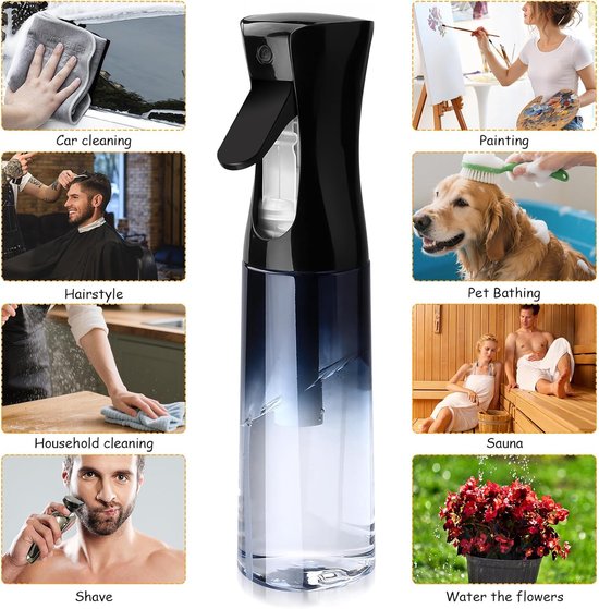 2 stuks 300 ml haar water nevel spuitfles, continue mist lege haarspray flessen, multifunctionele fijne Mister waterspuitflessen voor salon, kapper, kapper, reiniging tuinplanten — afbeelding 4