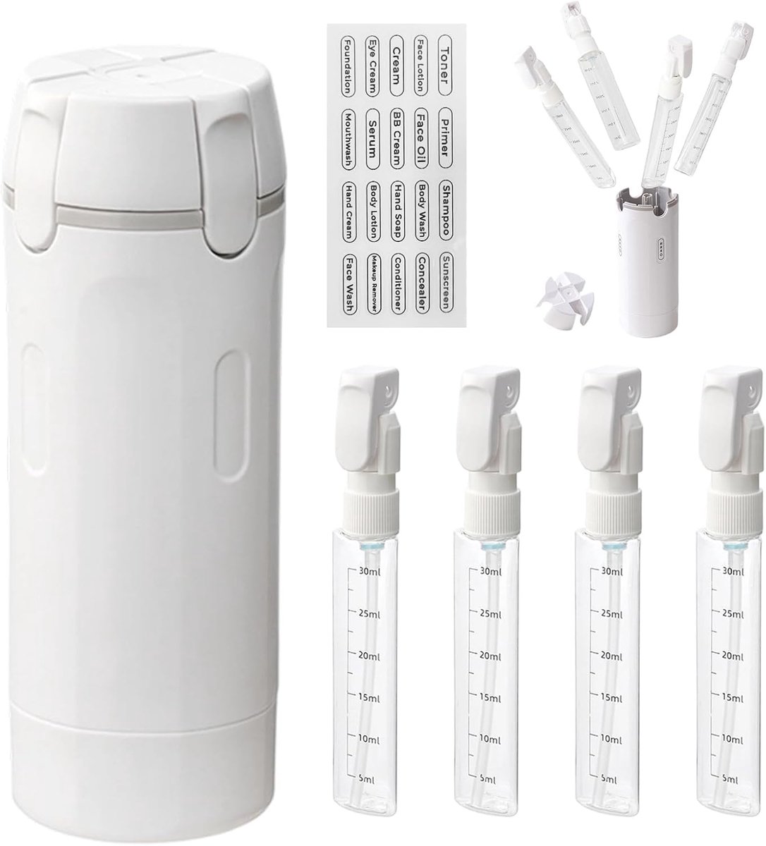 4-in-1 reisdispenserfles, reisset, vloeistofreservoirset, navulbaar, lekvrij, wit, herbruikbaar en navulbaar, draagbaar, voor shampoo, lotion en douchegel in reisformaat