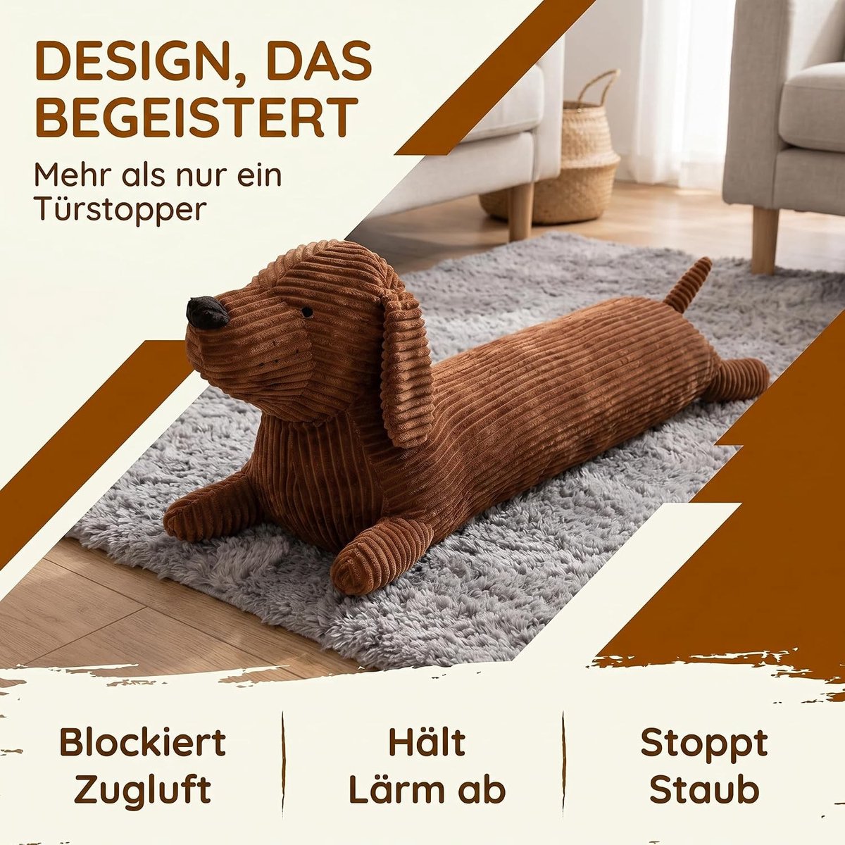 Zacht pluche zijslaapkussen in de vorm van een teckel, ideaal als knuffeldier en decoratief woonaccessoire voor bank, bed en auto, wasbaar, bruin, 35 x 25 x 10 cm