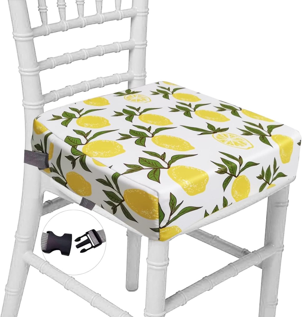 SnelShoppen - Taeku Booster Zitkussen, Cartoon Draagbare Booster Stoel met 2 Veiligheidsriemen, Wasbaar Kussen voor Eetstoel en Eettafel, Lemon
