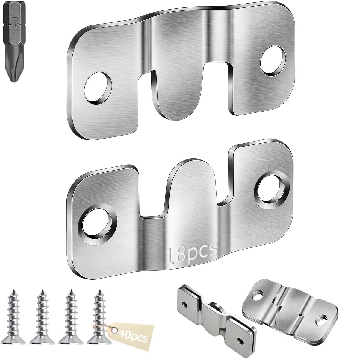 18 stuks zware fotolijst hangers roestvrij staal 43 x 18 mm | In elkaar grijpende fotohanger, inbouw, verborgen houder, haken voor foto's, spiegels, meubelverbinders met 40 schroeven