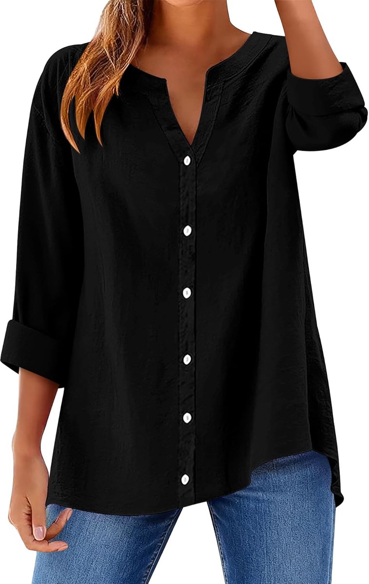 Dames tops lange mouw katoenen shirts V-hals button down shirt casual werk kantoor dames losse blouses