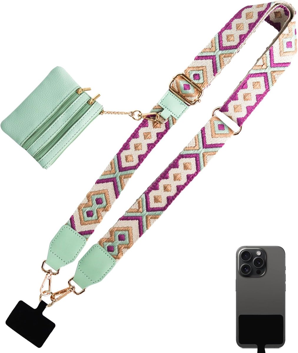 Telefoonketting voor mobiele telefoon, universeel, met kleine portemonnee, verstelbaar telefoonkoord om om te hangen, met tas, geschikt voor dagelijkse reizen, reizen en winkelen, groen