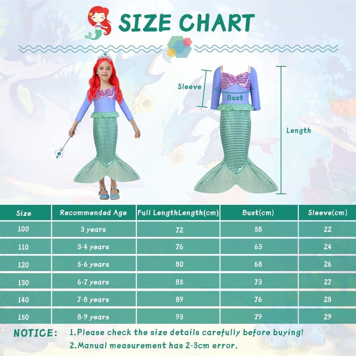 Mermaid Princess Fancy Dress Up Kostuum, Mermaid Princess Fancy Dress Up Kostuum met Accessoires en Pruik, Kleine Zeemeermin Kostuums voor Meisjes, Meisjes Halloween Zeemeermin Sequin Outfit