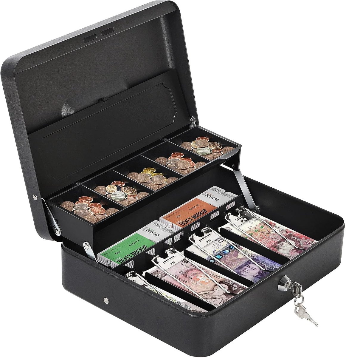 Geldcassette van metaal met sleutelslot, bankbiljetten en muntenkluis, draagbare grote dubbellaagse 100% veilige geldcassette met 2 sleutels - 30 x 24 x 9 cm, zwart