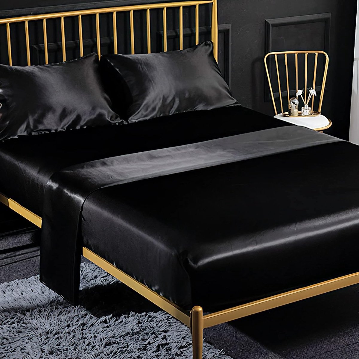 Beddelakenset Effen Satijn 200 x 200 cm Zwart, voor Matrassen tot 35 cm Lakens Set met Laken, Hoeslaken, 2 Kussenslopen