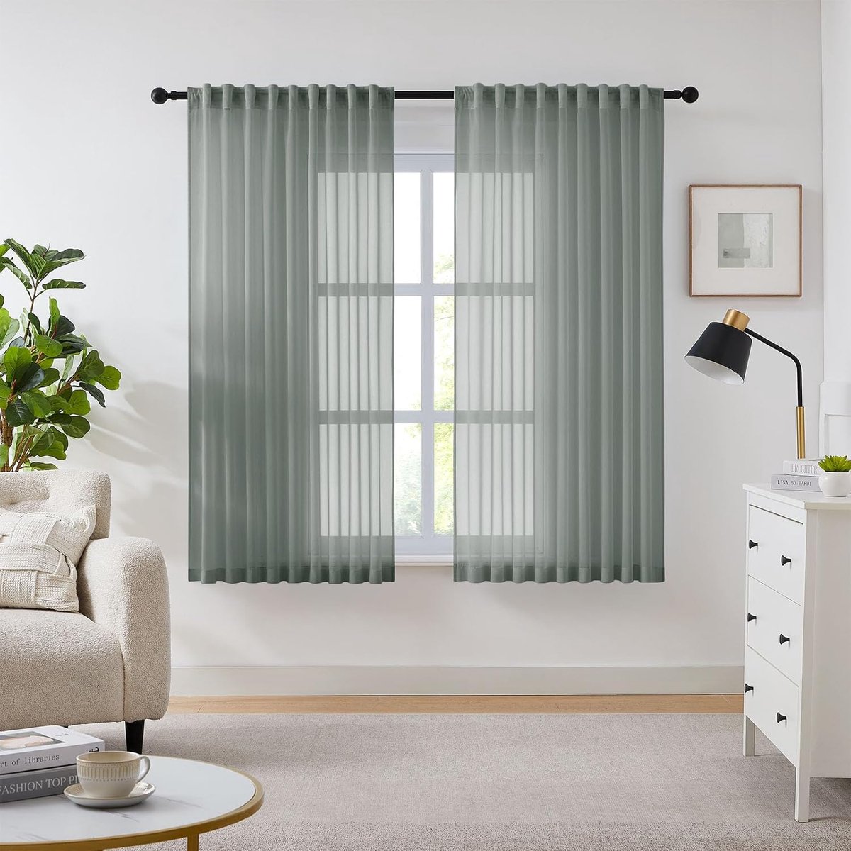 Glasgordijn, voilegordijn met tunnelzoom, decoratie voor slaapkamer, rookgrijs, 175 x 137 cm (h x b), 2-delige set