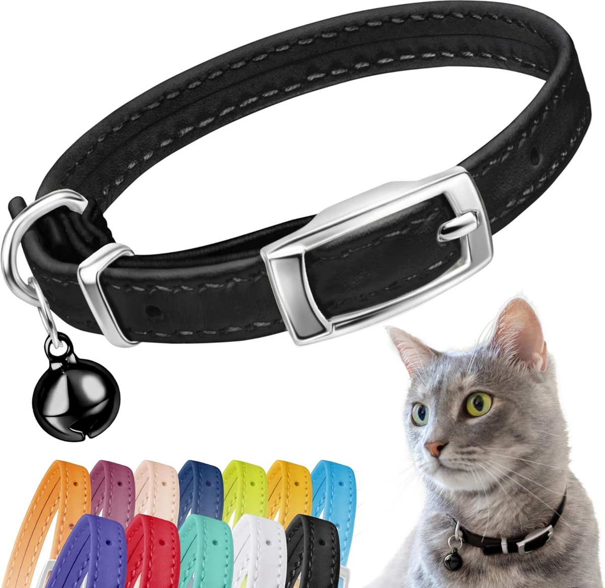 Lederen kattenhalsband, veiligheidskraag voor katten met elastische band, kattenhalsband voor kat met bel, zwart, blauw, rood, oranje, limoengroen (nekmaat 9"-11", zwart)
