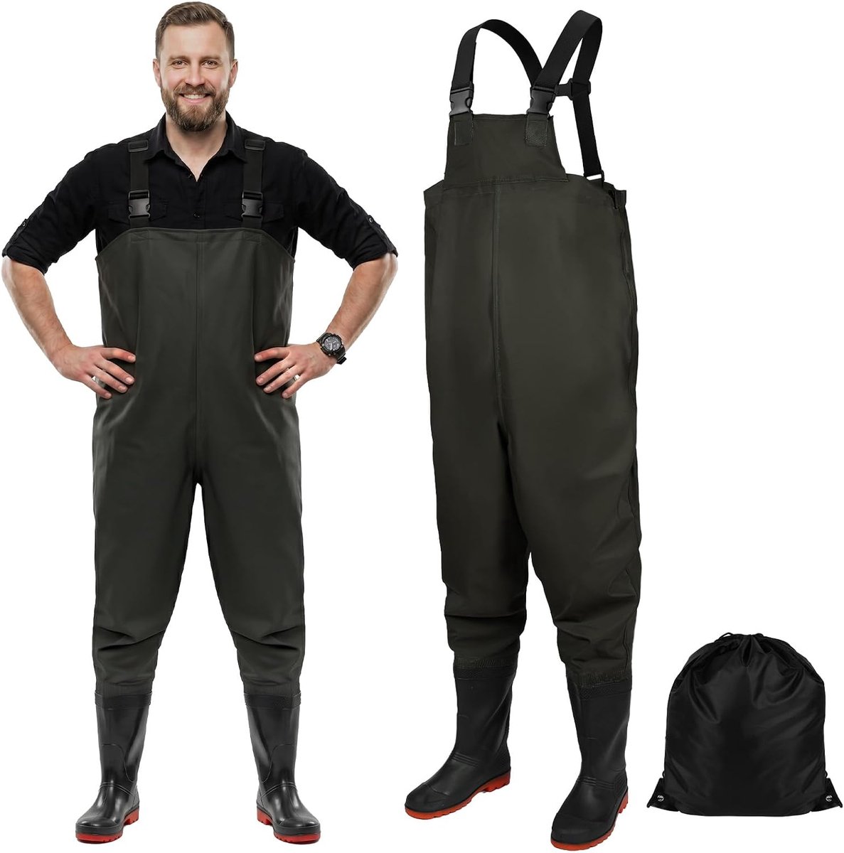 Borstwaadlopers met laarzen, uniseks, vissteltlopers, waterdichte bootfoot dijwaadvogel met verstelbare bretels, borstbroek, overall met laarzen, set lichtgewicht broekpak voor karper, grove