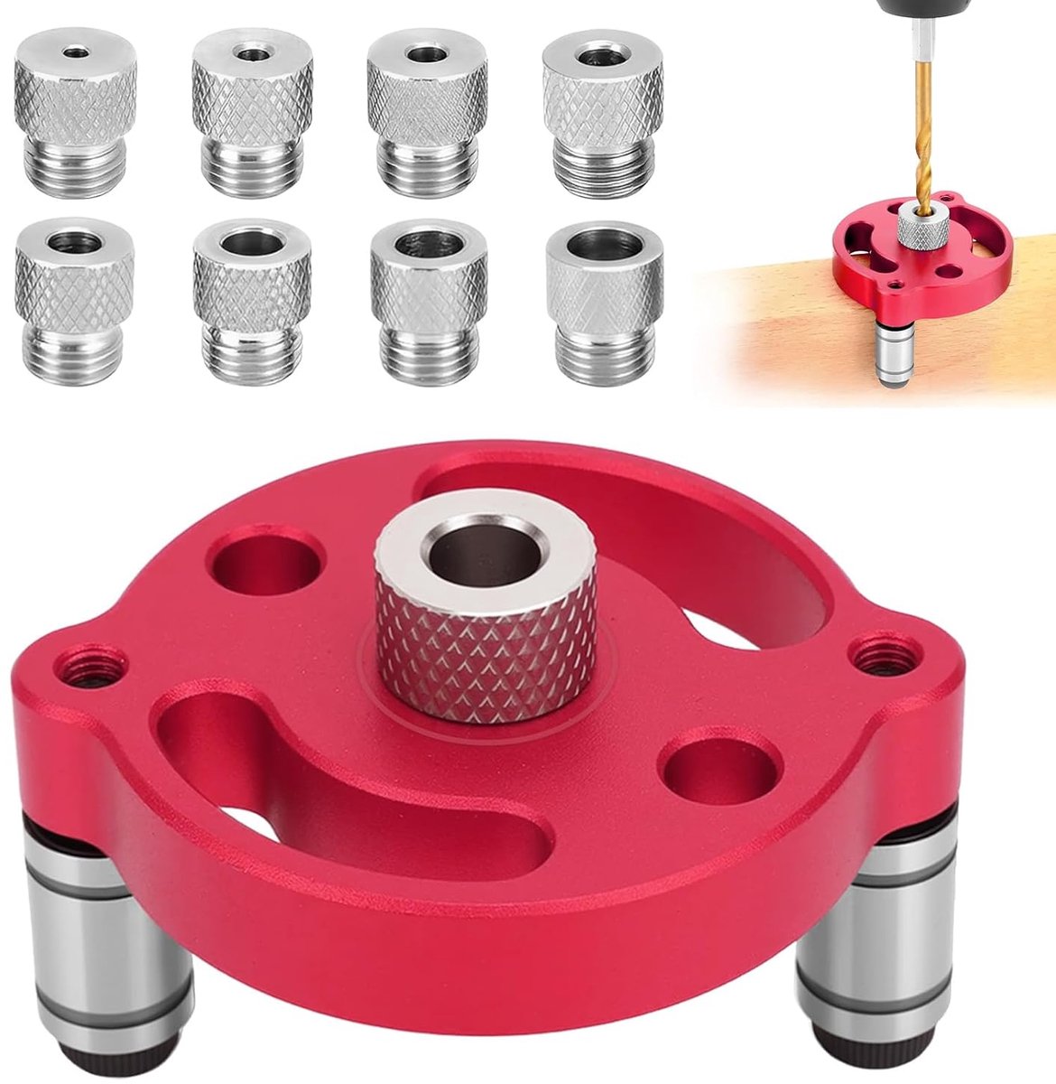 boorhulp, boorgat middenzoeker, verticaal zelfcentrerend boorblok met 3/4/5/6/7/8/9/10 mm bussenset - voor precisie boren in massief hout en hardhout (rood)