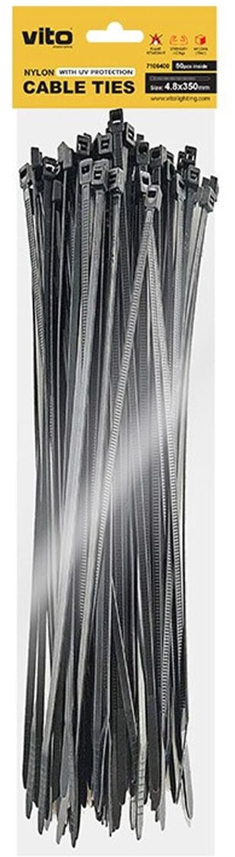 VITO Kabelbinder 4.8x350mm - Zwart - Met UV-beschermingsfolie - 50 stuks in blisterverpakking - Kunststof Kabelklem - Kabelbinder