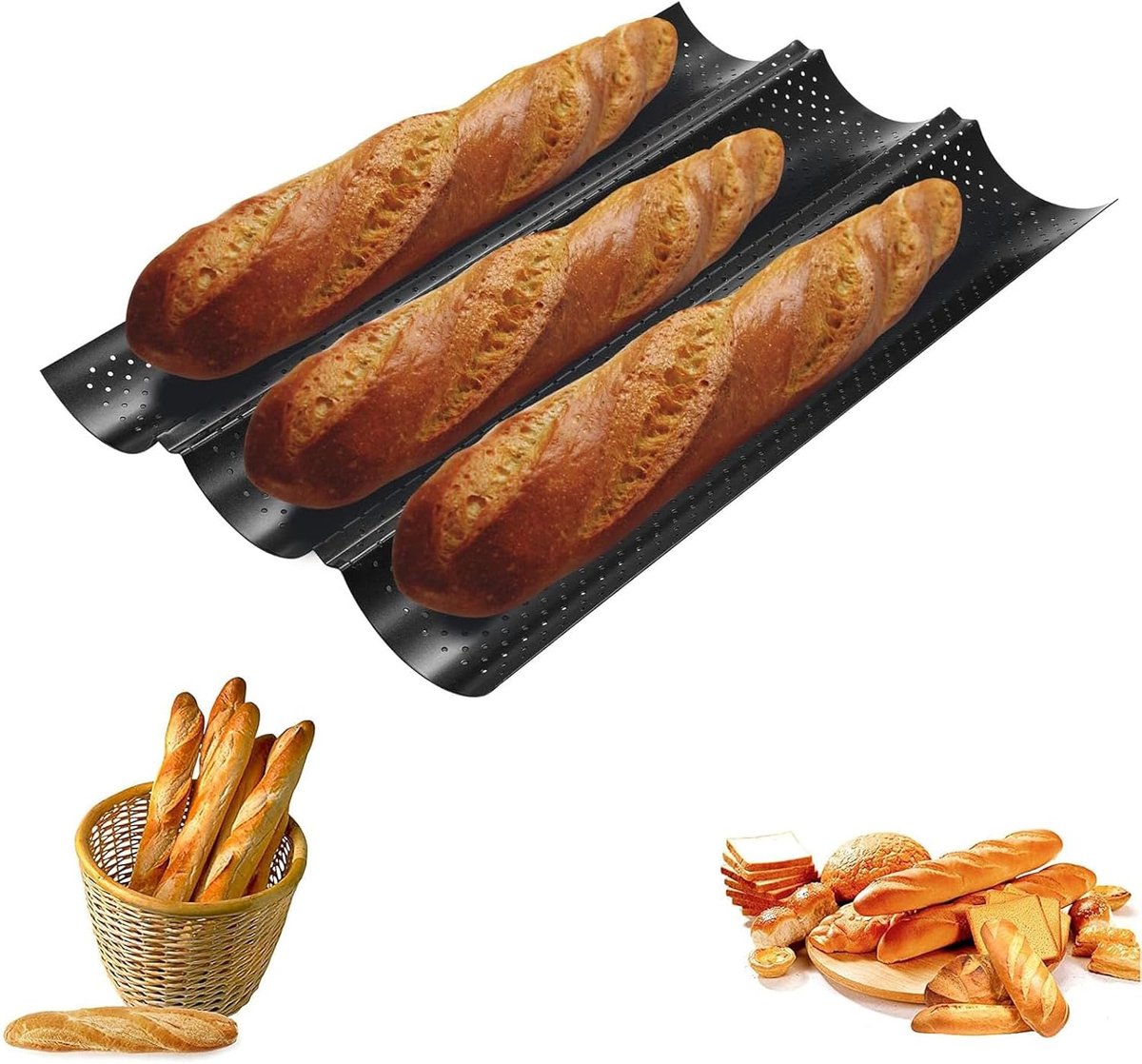 bakvormen voor stokbrood, omkeerbaar, 38 x 24,5 x 2,5 cm, anti-aanbaklaag, voor het bakken van 3 stokbrood, zwart, ideaal voor het maken van je zelfgemaakte stokbrood