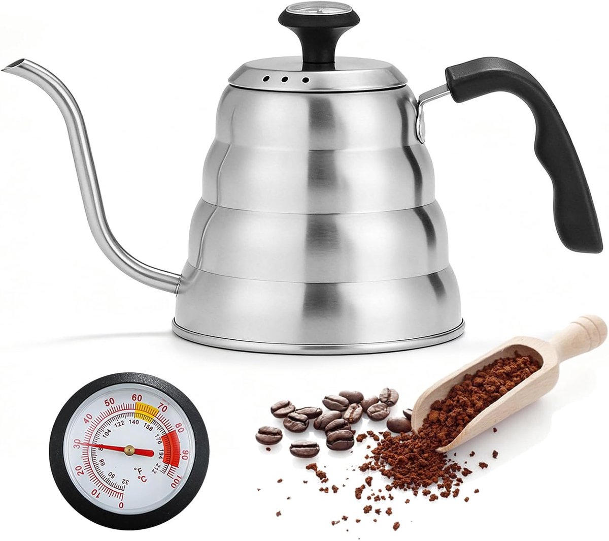 Waterkoker met zwanenhals: roestvrijstalen koffieketel met thermometer, gemakkelijk schoon te maken, waterkoker met zwanenhals schenktuit, geschikt voor gas, elektrisch, inductiekookplaten