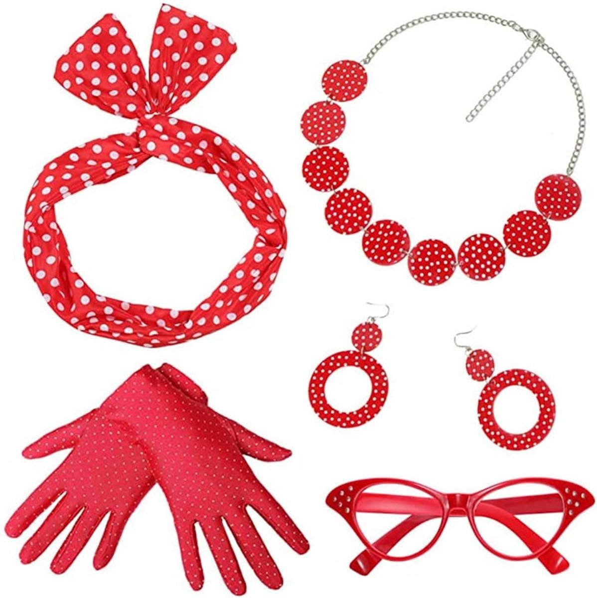 Jaren '50 Carnavalskostuum accessoires kattenogen bril polka dots hoofdband rockabilly oorbellen polka dot halsketting rode handschoenen jaren 50 60 dames accessoires 5 stuks