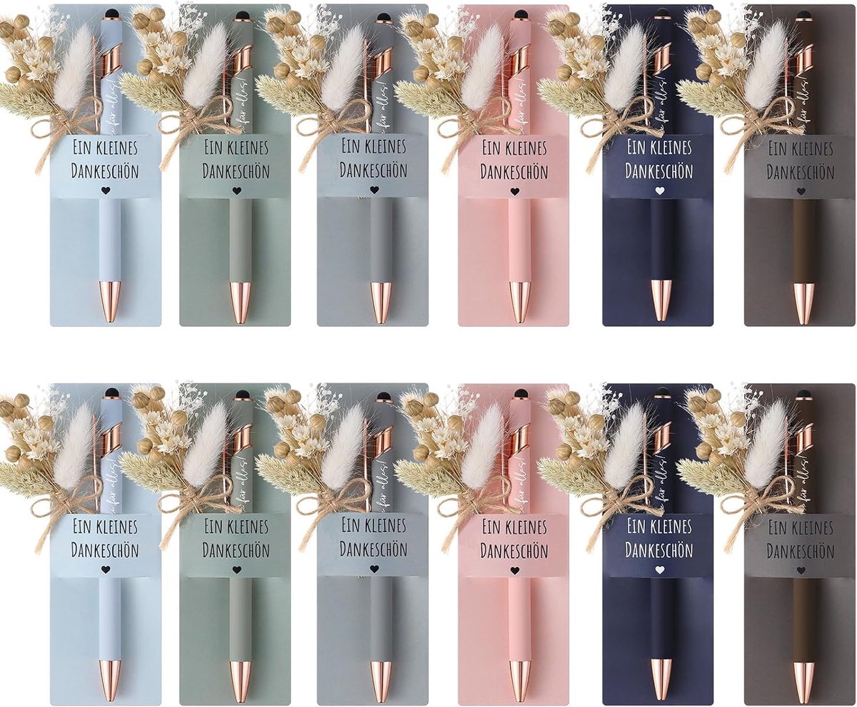 Bedankcadeaus voor Collega's en Teamleden Inclusief Touchscreenpen met Gravure Echt Boeket Gedroogde Bloemen Pennenhouder(12 Sets,Ein Kleines Dankeschön)