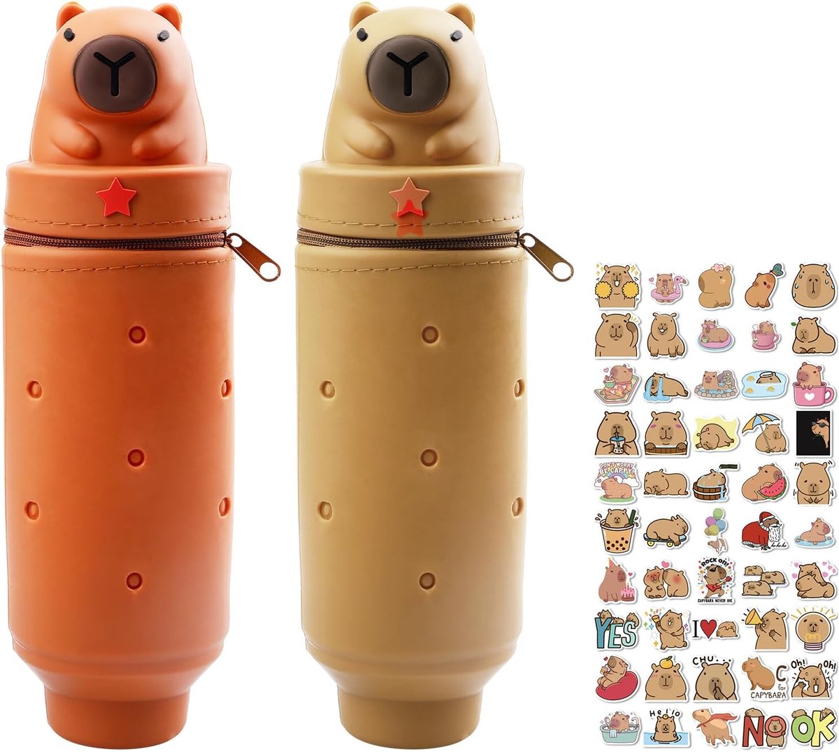 Kawaii pennenetui, 2 stuks, 2-in-1 zachte siliconen etui, cartoon, pennenetui, schattig pennenkoker, telescopisch etui met sticker voor tieners en scholieren
