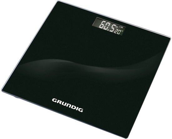 Zwarte digitale weegschaal met glanzend oppervlak en display dat '60.5 kg' en '20 C' aangeeft.