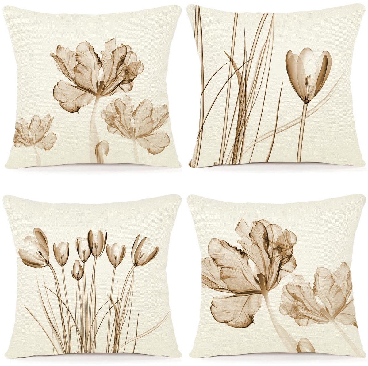 Omgoods - Set van 4 Bloemkussenslopen - Linnen met Bloemenprint 50x50 cm