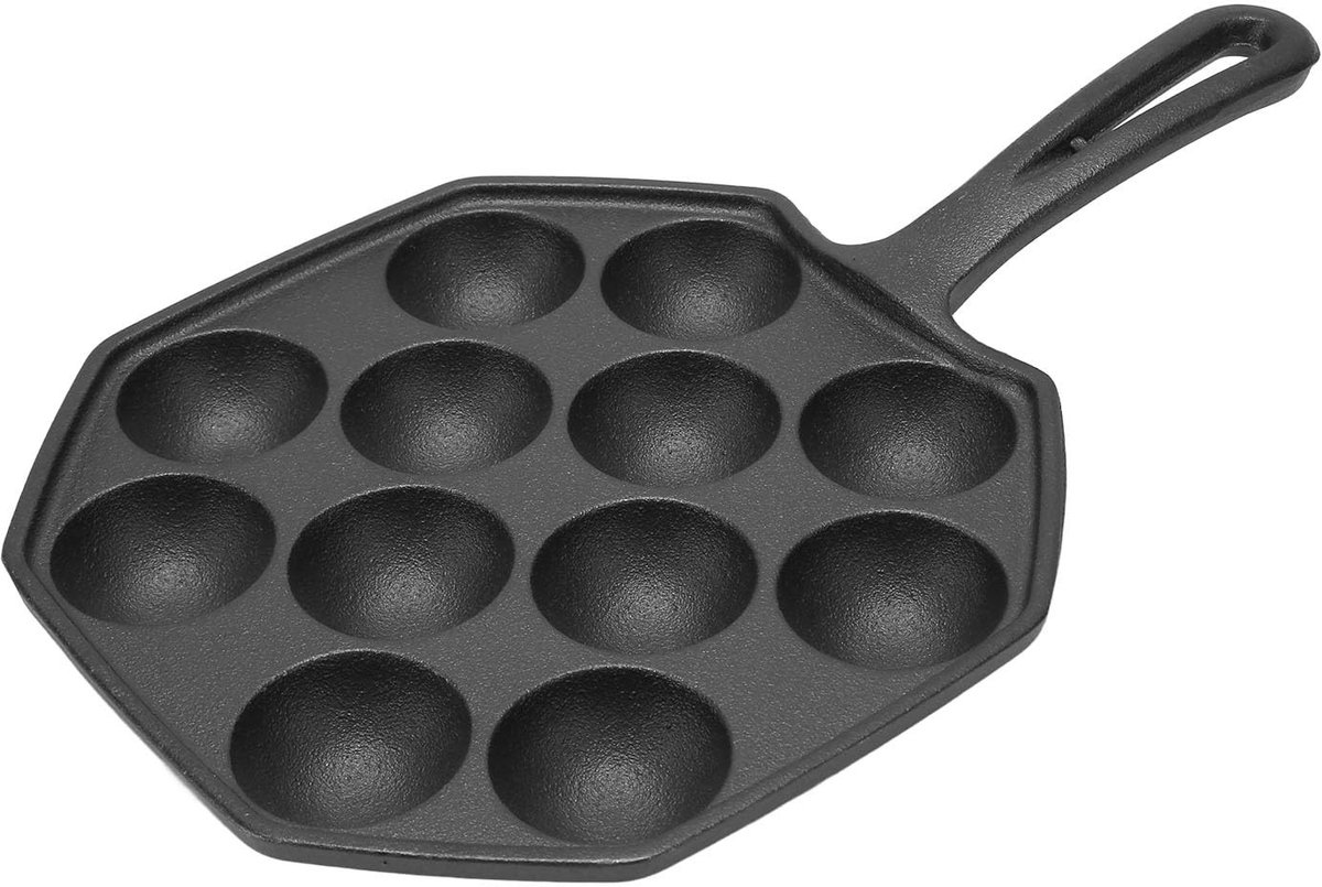 Omgoods- Takoyaki Pan - Gietijzeren Pan - 12 Gaten - 4 cm Diameter - Antiaanbaklaag - Handvat 15,5 cm - Duurzaam Materiaal - Grillpan