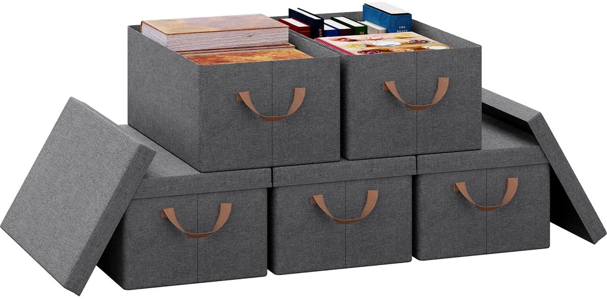 Omgoods - Set van 5 Opbergdozen met Deksel, Grijs, 48 x 20 x 29 cm