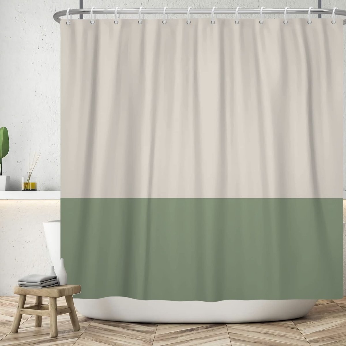 Omgoods - Douchegordijn 180 x 180 cm - Modern Beige Groene Split Design, Waterdicht