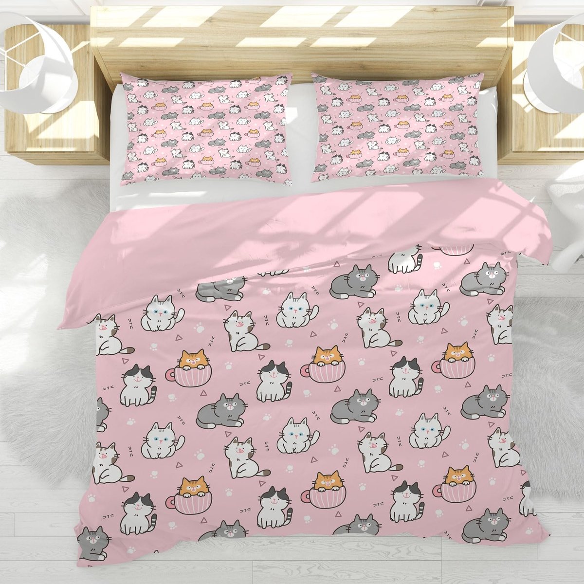 Omgoods - Kattenbed Set 200 x 200 cm - Schattige Cartoon Katten Duvet Cover met Kussenslopen