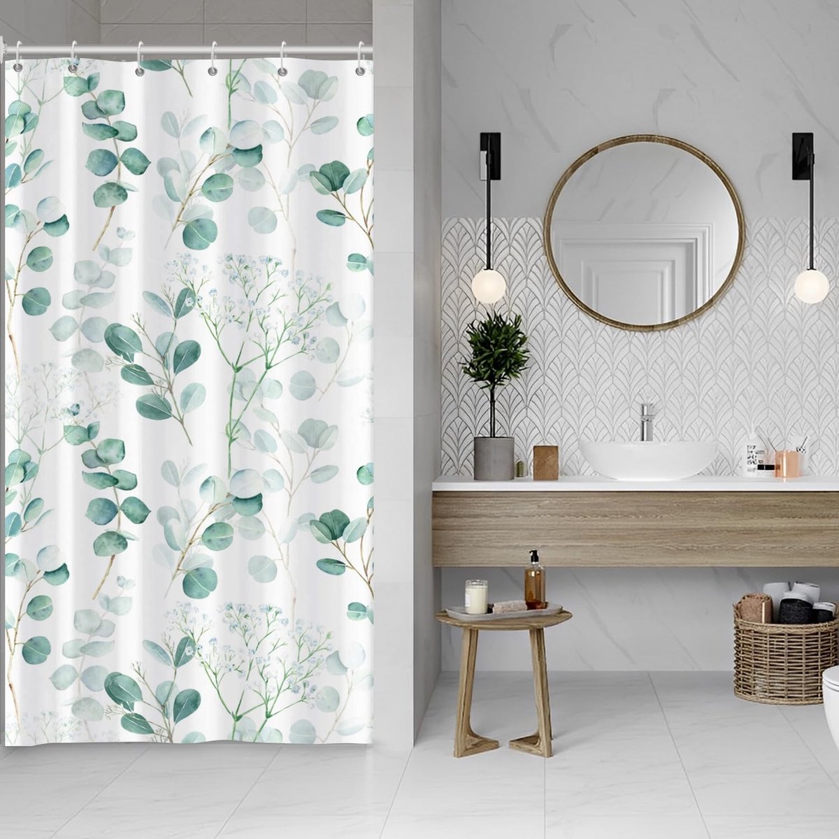 Omgoods - Eucalyptus Bladeren Douchegordijn 90x180cm - Waterdicht Polyester Gordijn met Haken