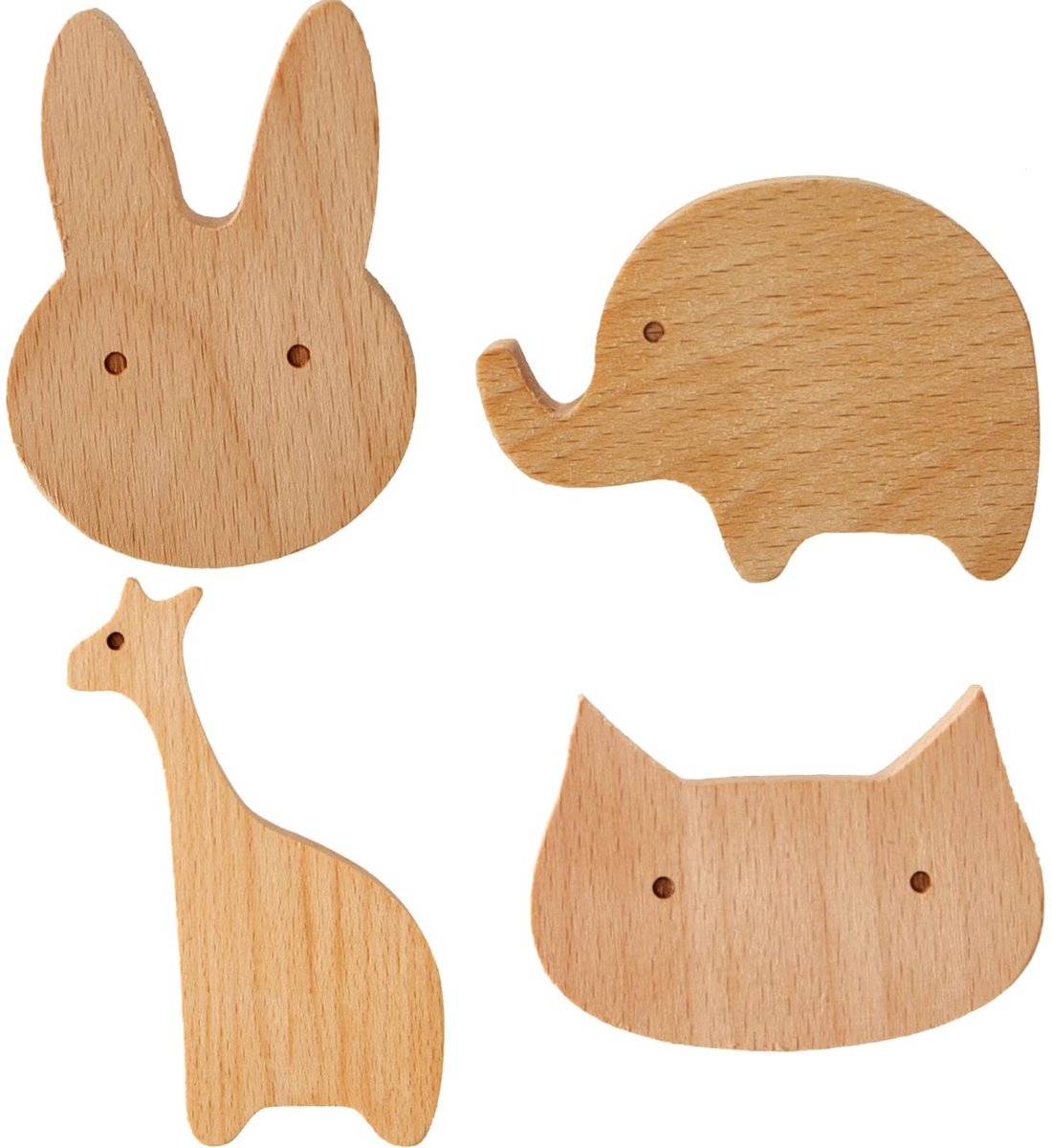 Omgoods - Set van 4 Dieren Wandhaken van Hout voor Kinderkamer