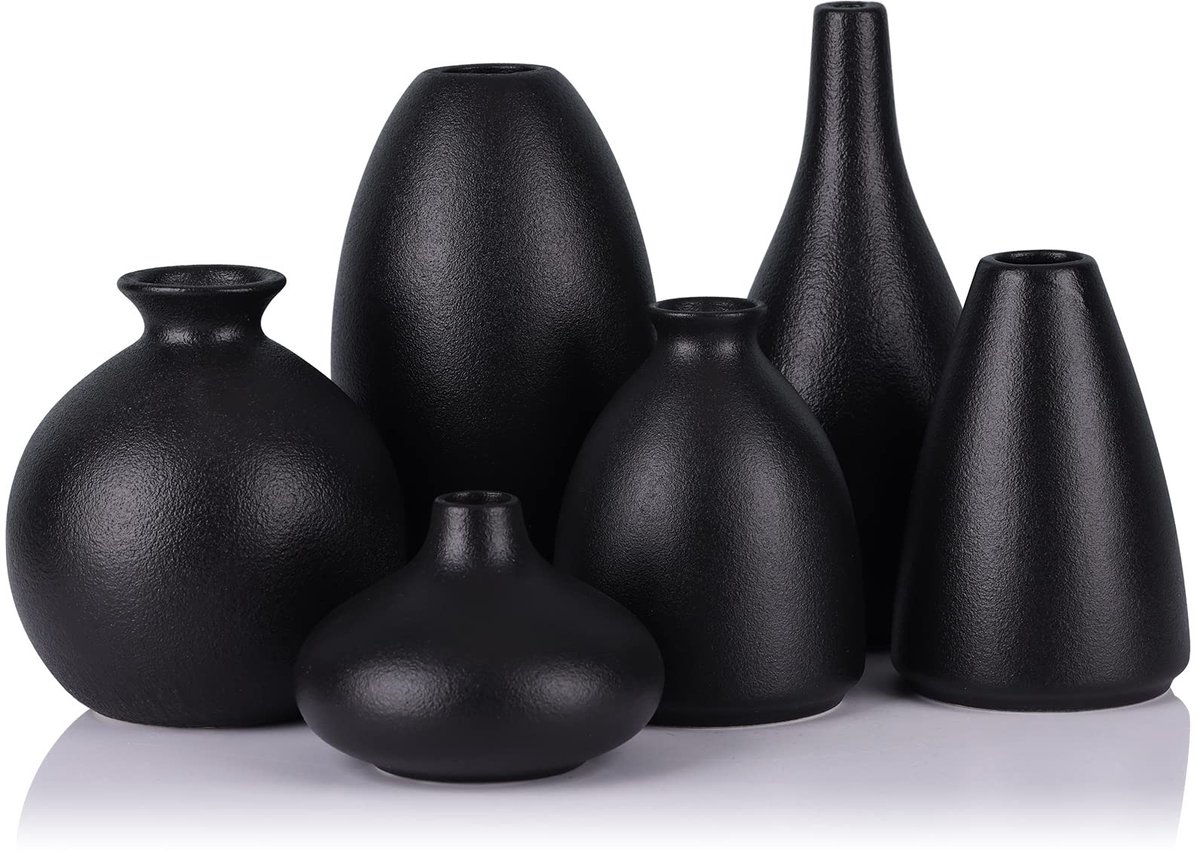 Omgoods - Set van 6 Mat Zwarte Keramische Vazen voor Bloemen