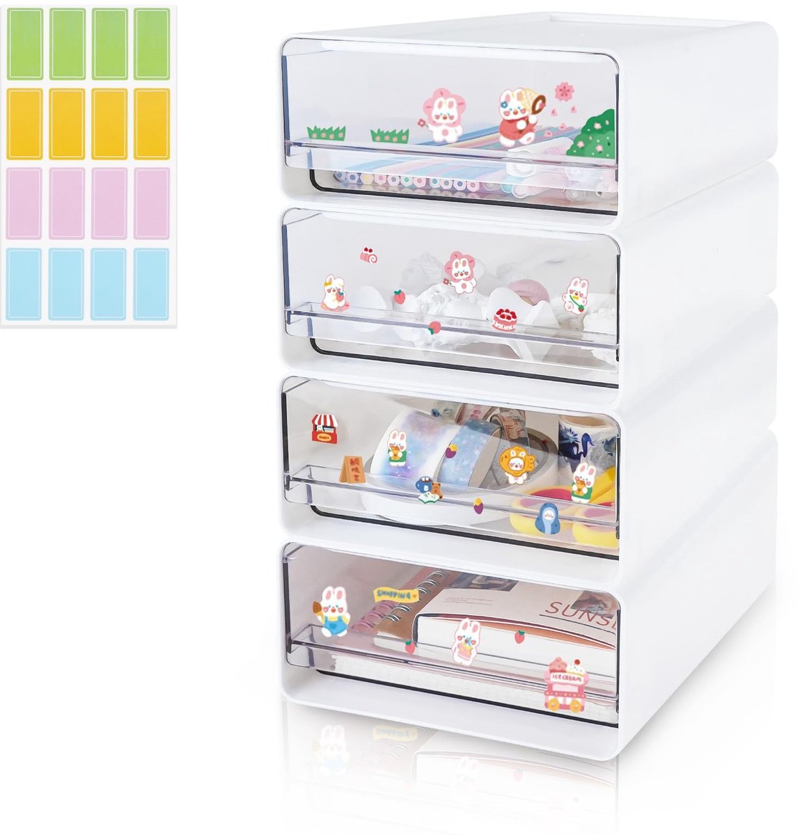 Omgoods- Bureau-Organizer Stapelbaar - 4 Lades - Kunststof Opbergdoos - Transparant - Met Etiketten - Afmetingen 24 x 17 x 9 cm - Opbergdozen