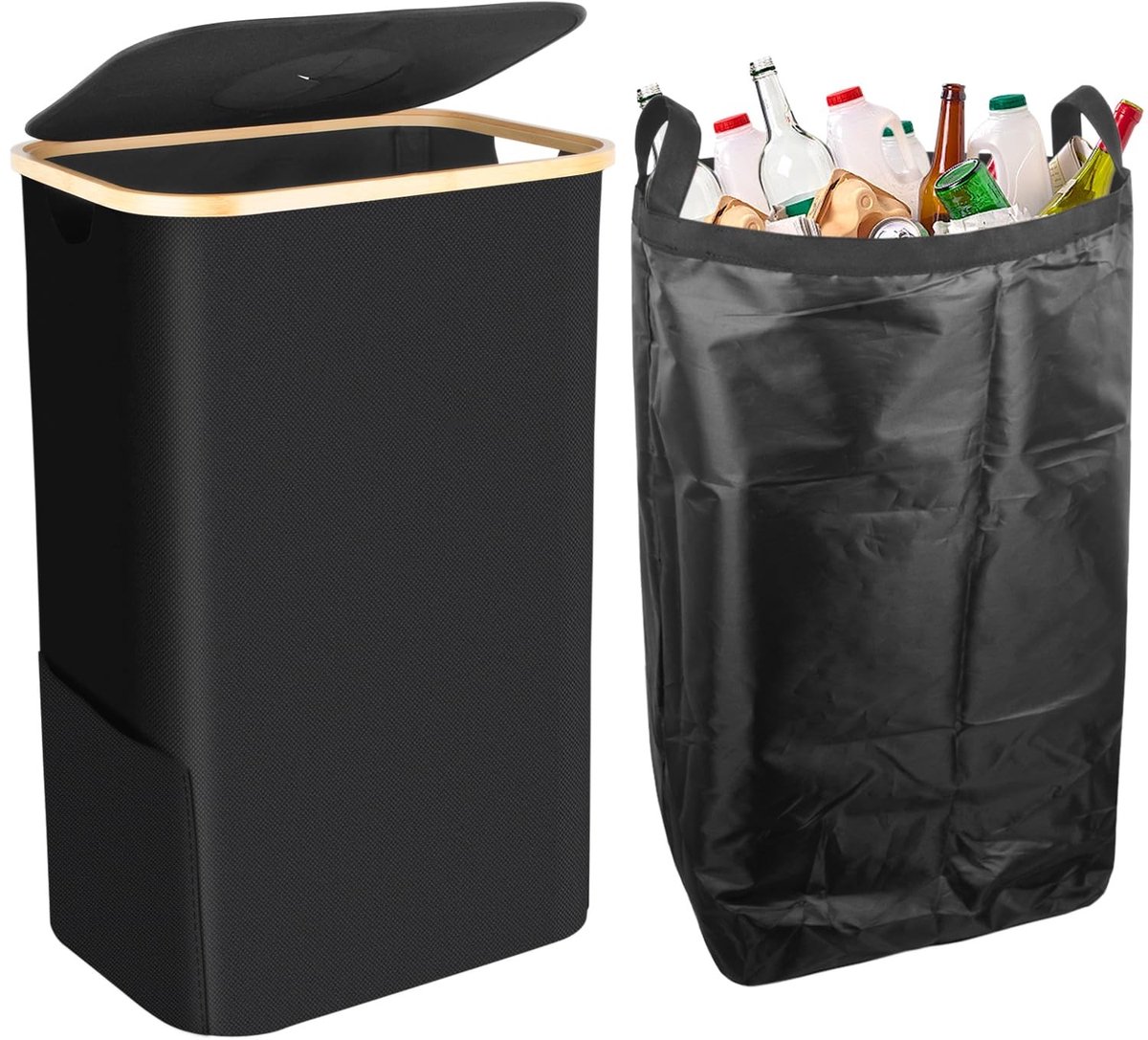 Omgoods - 100L Zwarte Recyclingcontainer met Deksel en Draagzakken