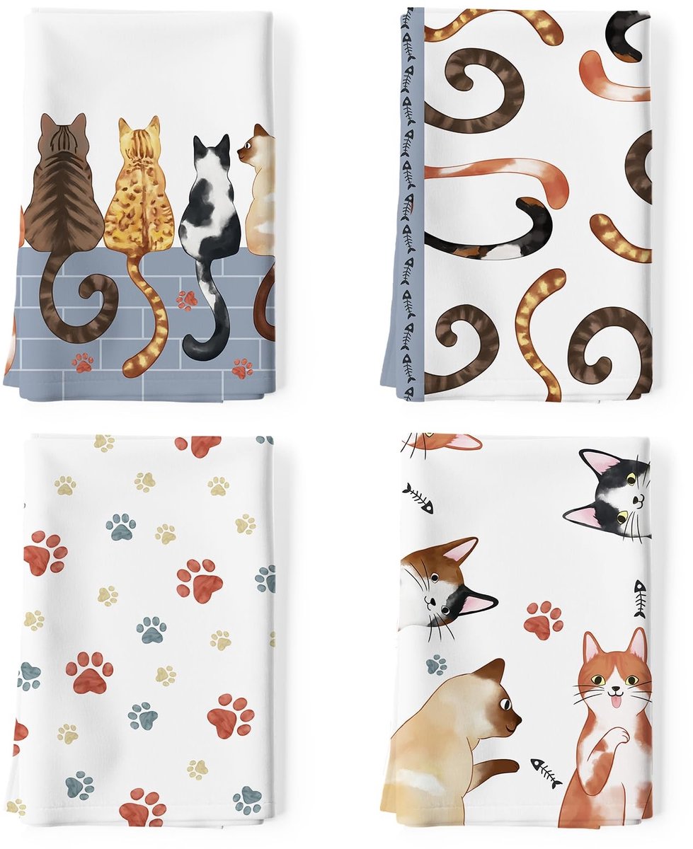 Omgoods - Katten Keukenhanddoeken Set van 4 van 100% Katoen