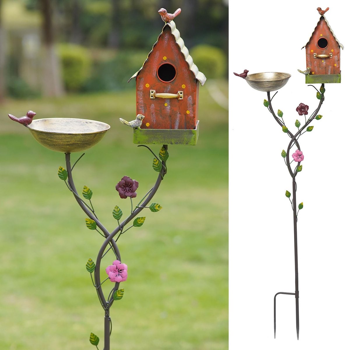 Omgoods - Buiten Vogelbad met Metalen Voederbak - Tuin Decoratie voor Vogels