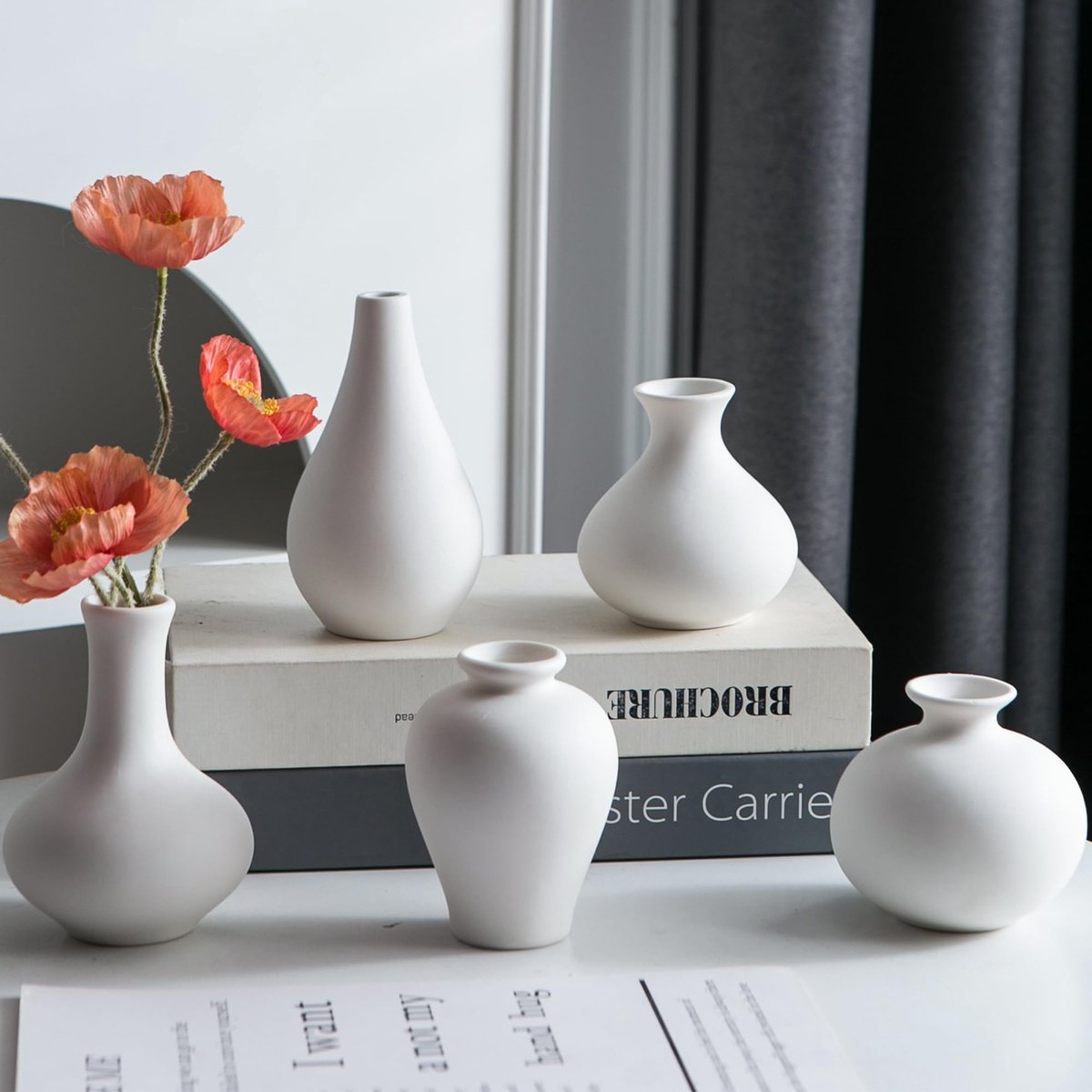 Omgoods - Set van 5 Kleine Witte Vazen voor Bloemen en Decoratie