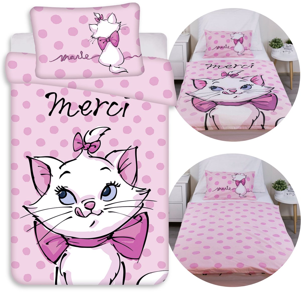 DISNEY Kat Marie DUBBELZIJDIG, katoenen meisjesbeddengoed met rits, 100% KATOEN 100x135cm+40x60cm OEKO-TEX