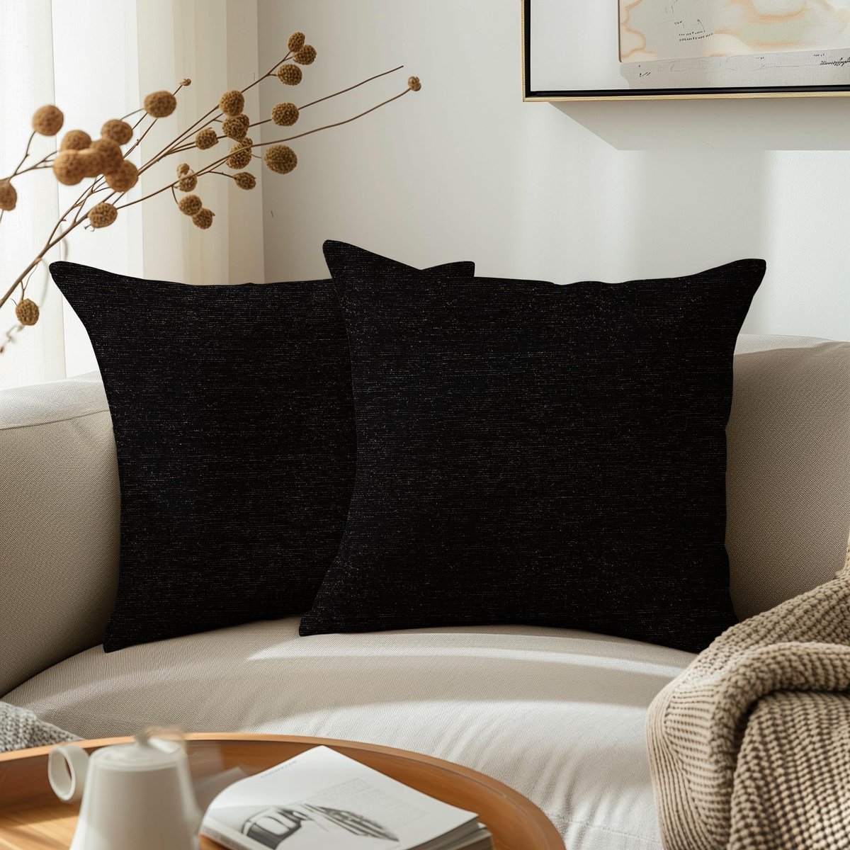 Omgoods - Luxe Chenille Kussenhoezen Set - 40x40cm Zwart - 2 Stuks
