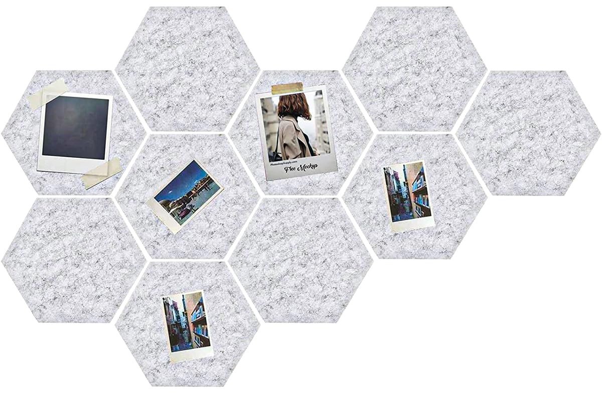 Omgoods- Prikbord Zeshoekig 10 Stuks - Vilt - Wanddecoratie Kantoor - Fotolijsten Ophangen - Grijs - Dikte 9 mm