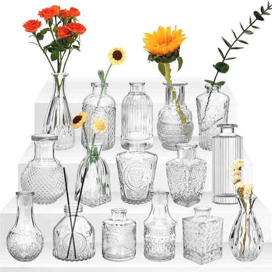 Omgoods - Set van 16 Mini Glazen Vazen voor Tafeldecoratie