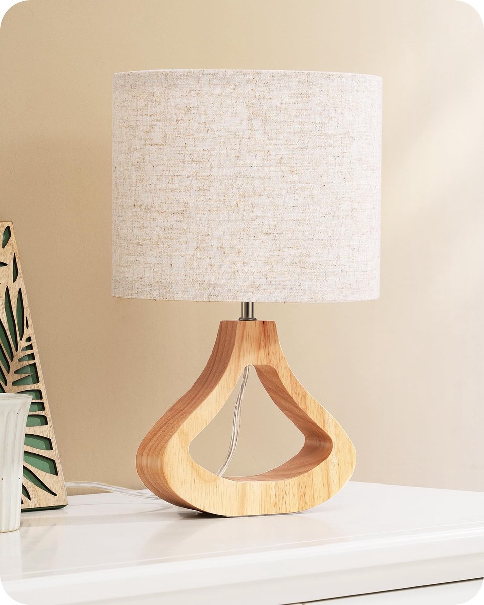 Omgoods - Houten Tafel Lamp met Linnen Lampshade in Beige Vintage Stijl