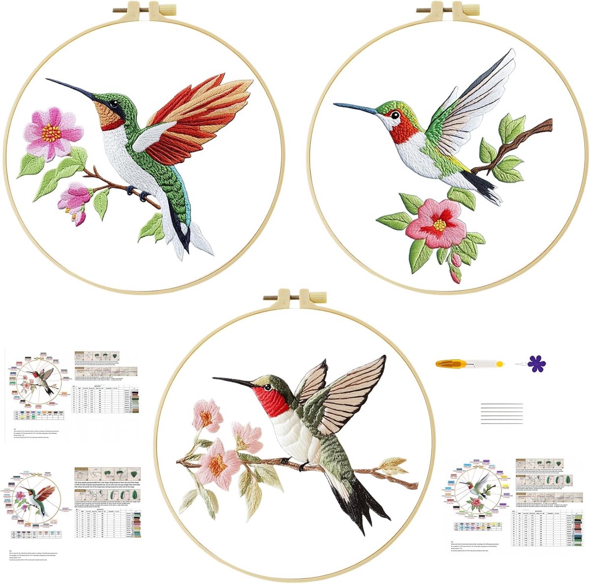 cukol cukol Borduurset voor beginners, 3-delig met kolibrie-motieven, doe-het-zelf canvas, complete set voor volwassenen, eenvoudige creatieve set bevat voorgedrukte kruissteek canvas, banden, draden
