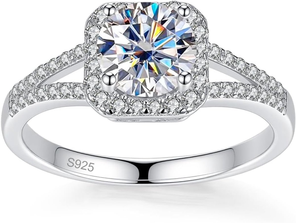 - 1CT verlovingsring, trouwring voor dames, zilver 925 - GRA-certificaat, D + VVS1 Grade, 18K Pt, plasmagesneden, hypoallergeen, geschikt voor bruiloft