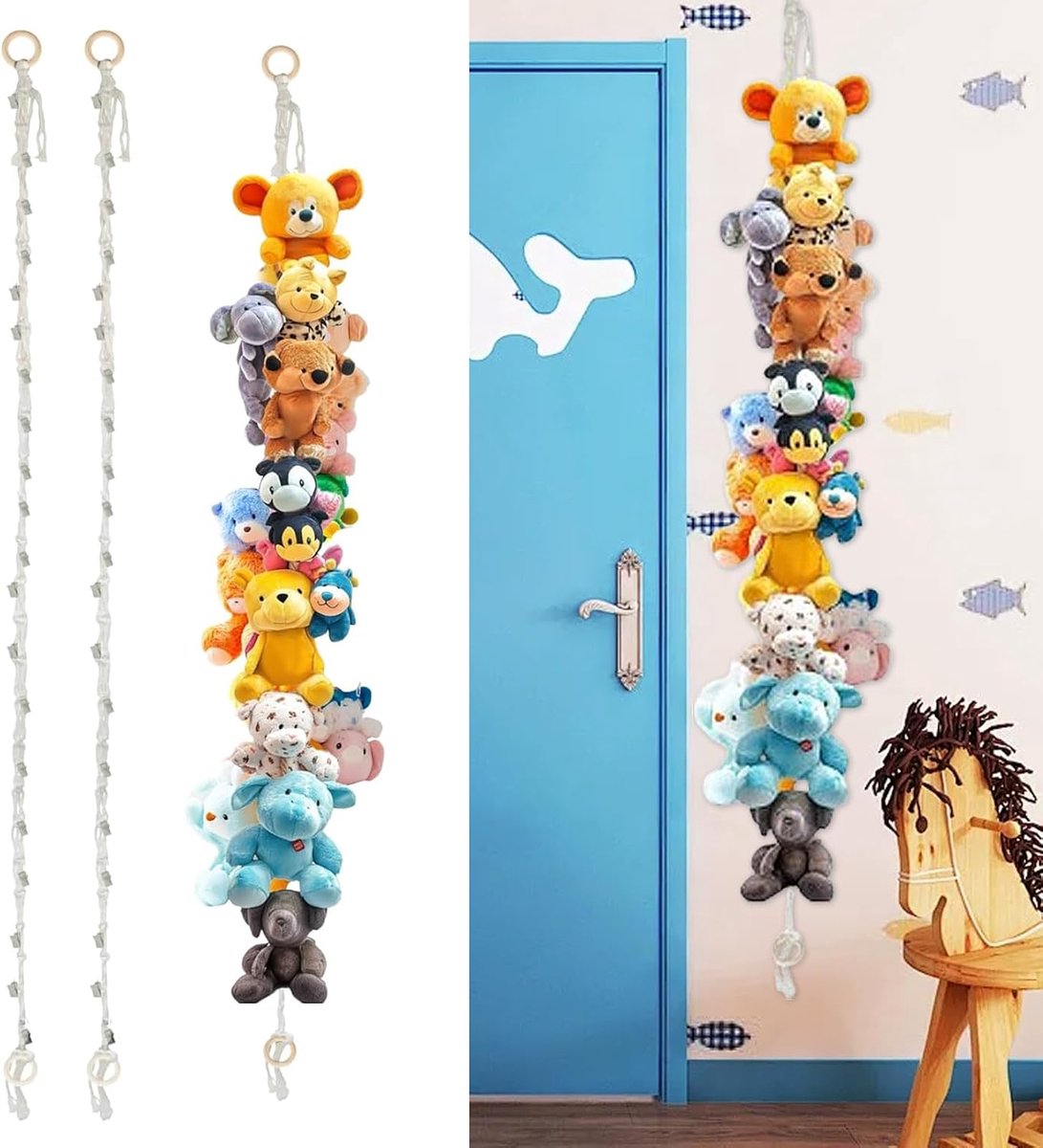 2 stuks pluche dierenhouders, stoffen houder, verticale container, speelgoedstandaard om op te hangen, stoffen dierennet met 40 metalen clips voor het opbergen van speelgoed, foto